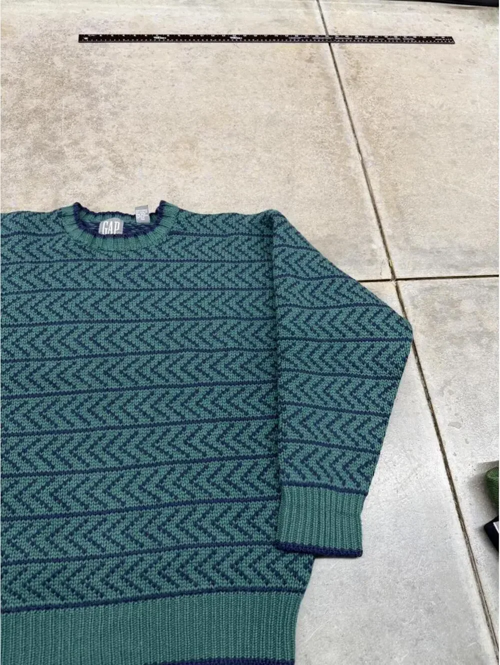 vintage gap green and navy striped knit sweater size large